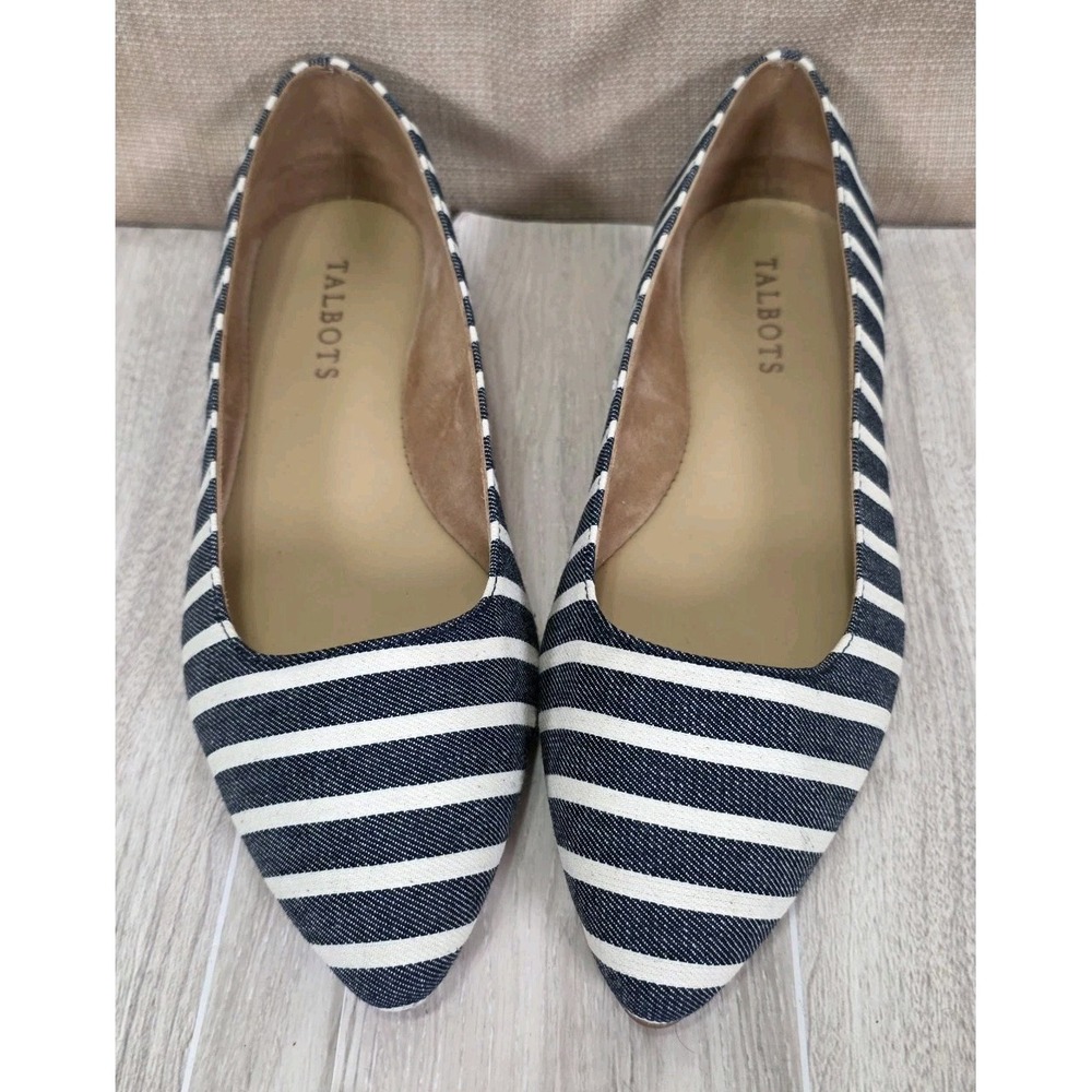 Talbots Poppy Pointed Toe Navy Cream Striped Ballet Flats Women's Size 6.5 Boho